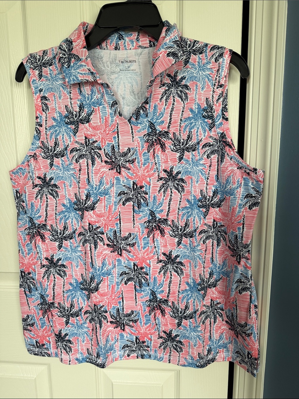 Talbots Pink Palm-Print Sleeveless Polo Tank with Blue and Black Palms Size LP